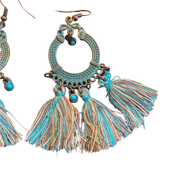 Boho Style Turquoise and Brown Fringe Drop Earrings - Picture 3 of 5